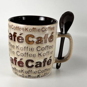 Mr Coffee Cup Mug Spoon Handle Chocolate Beige Brown Ceramic Stoneware